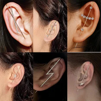 

Boho Crosses Crystal Shiny Hook Earring Ear Wrap Lightning Pearl Long Geometry Crawler Hook Earrings for Women Fashion Jewelry