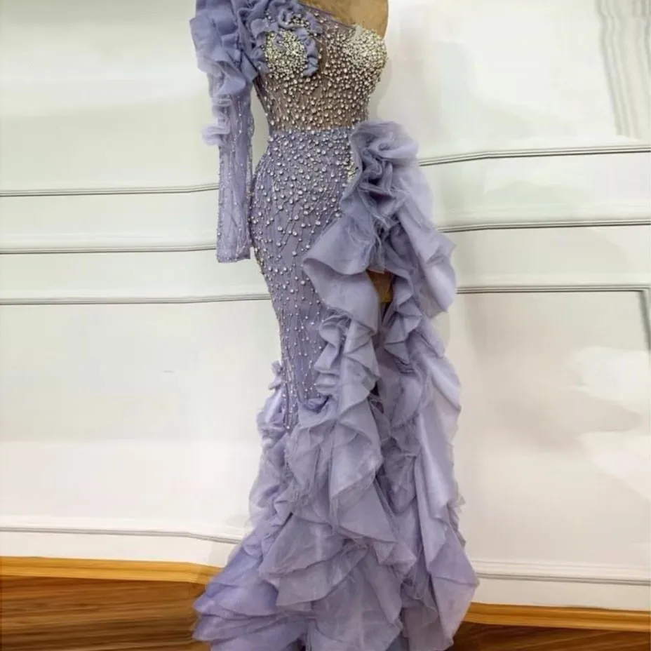 Роскошные арабские вечерние платья на одно плечо vestido de festa Longo Дубай формальное платье бусины Вечерние платья Русалка складки