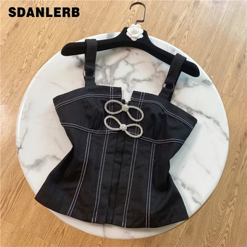 

2020 Summer New Strap Shirt Women Slim Fit Heavy Industry Crystal Bow Open Line Camisole Top Girls Ladies Cami Tank Top