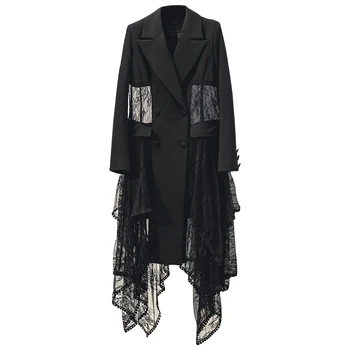 

LANMREM sexy lace patchwork long blazers for famale 2020 high street new Irregular hem Korea Slim Mid-length Suit Coat YJ640