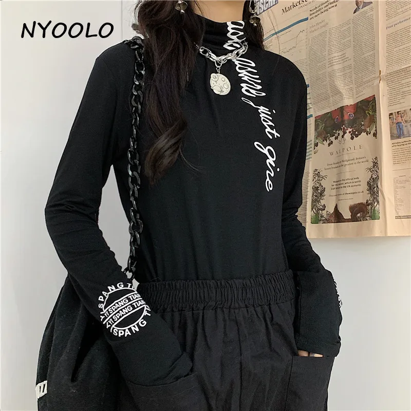 NYOOLO High street, тонкая черная футболка с буквенным принтом, топы, Повседневная Водолазка с длинным рукавом, пуловеры, хлопковая футболка, женская одежда