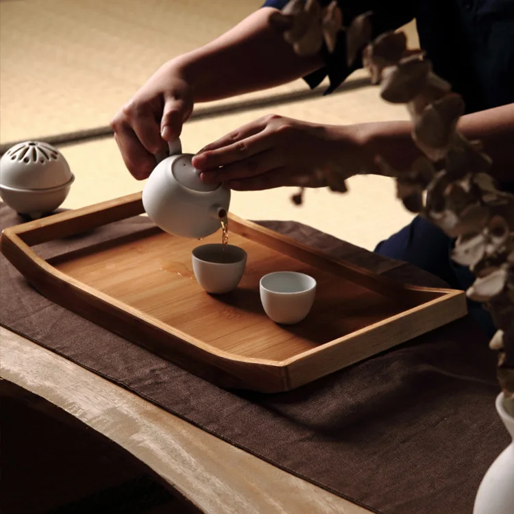 

Hotel Restaurant Bamboo Serving Tray with Handle for Kungfu Tea Home Fruit Snack Tray Tea Cup Tray