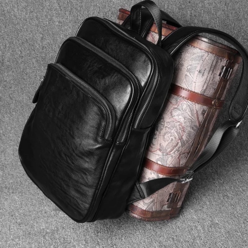 Мужской рюкзак из натуральной кожи с 3 молниями, вместительная сумка для ноутбука, школьный рюкзак, мужские сумки, черный кошелек для путешествий, Mochila Feminina