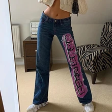 

90s Moms Jeans E-girl Vintage Streetwear Letter Printing Baggy Jeans Fashion Straight Demin Low Waist Y2K Pants Summer 2021 Blue
