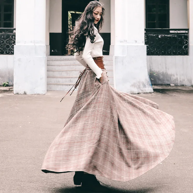 French Chic Vintage High Waisted Button Design Back Lace-Up Corset Skirt Women Autumn Winter Thick A-Line Long Maxi Wool Skirts 3