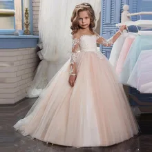 2021 Sheer Lace Champagne Flower Girl Dress Long Sleeve Appliques Button Cap Illusion Children Holy First Communion Dress