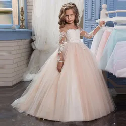 2021 Sheer Lace Champagne Flower Girl Dress Long Sleeve Appliques Button Cap Illusion Children Holy First Communion Dress