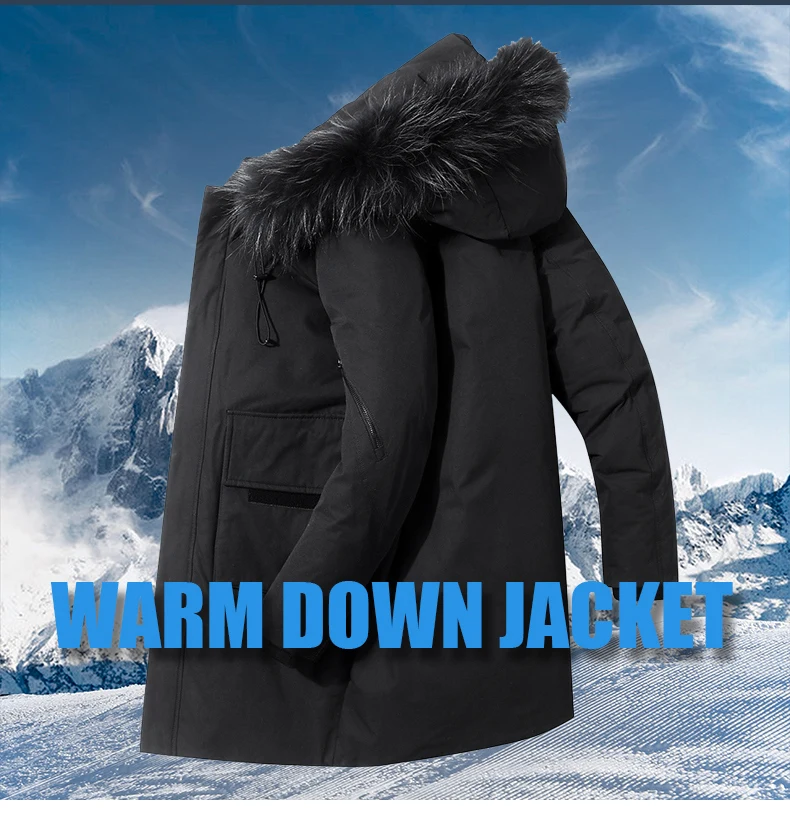 -30 Degree X-long Down Coat Men Fur Collar Hooded Long Jacket Mens Casual  Solid Color Thick Warm Windbreaker Clothing Men mens puffer jacket