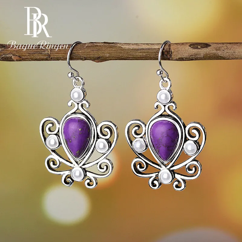 

Bague Ringen Retro Ethnic 925 Sterling droplets pear-shaped charoite hollow Earring for Femail party Jewelry Gift Accessories