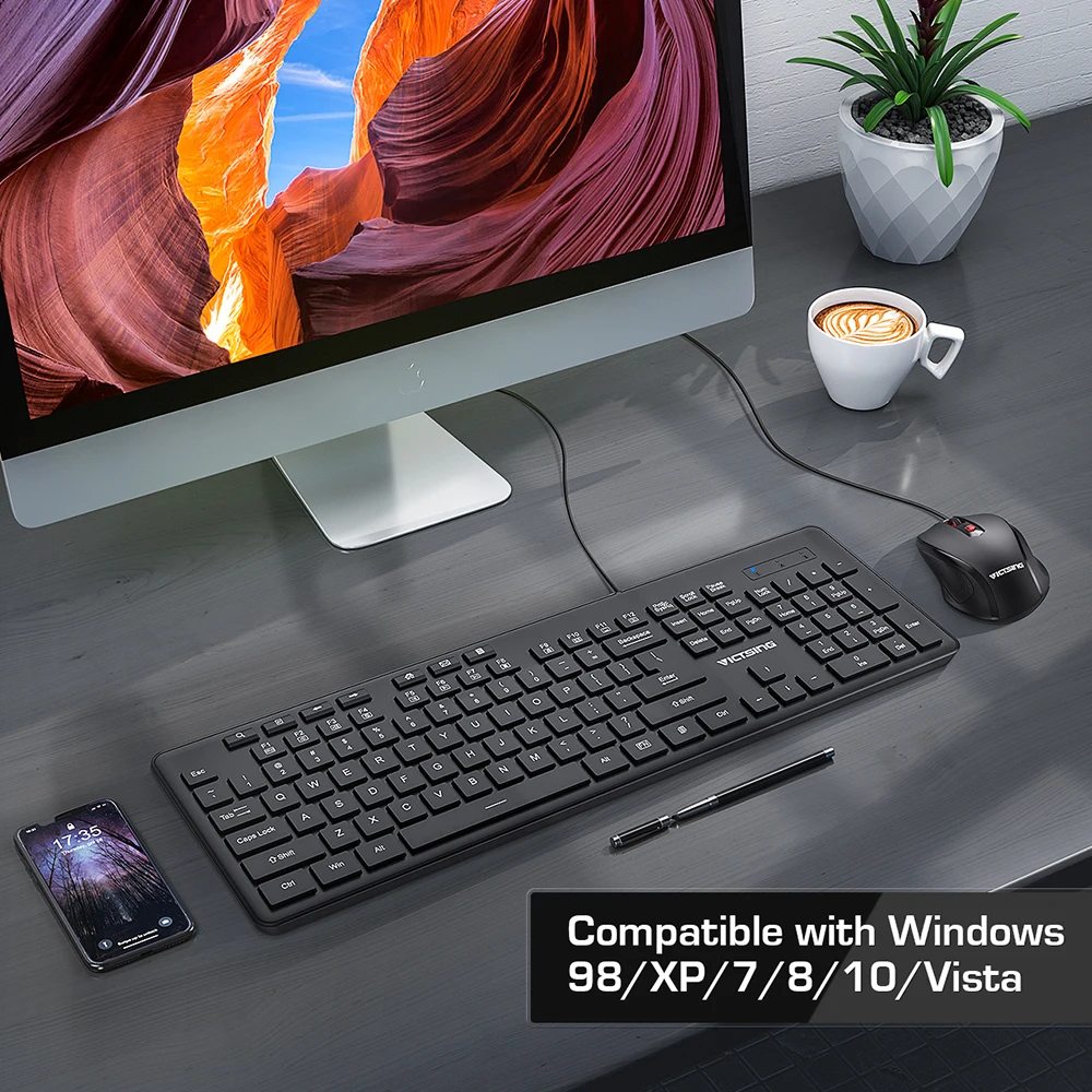 VicTsing PC246 Проводная клавиатура и мышь комбо 7 мультимедийных клавиш клавиатура 204 колпачки шепот тихий USB мышь набор для PC Win