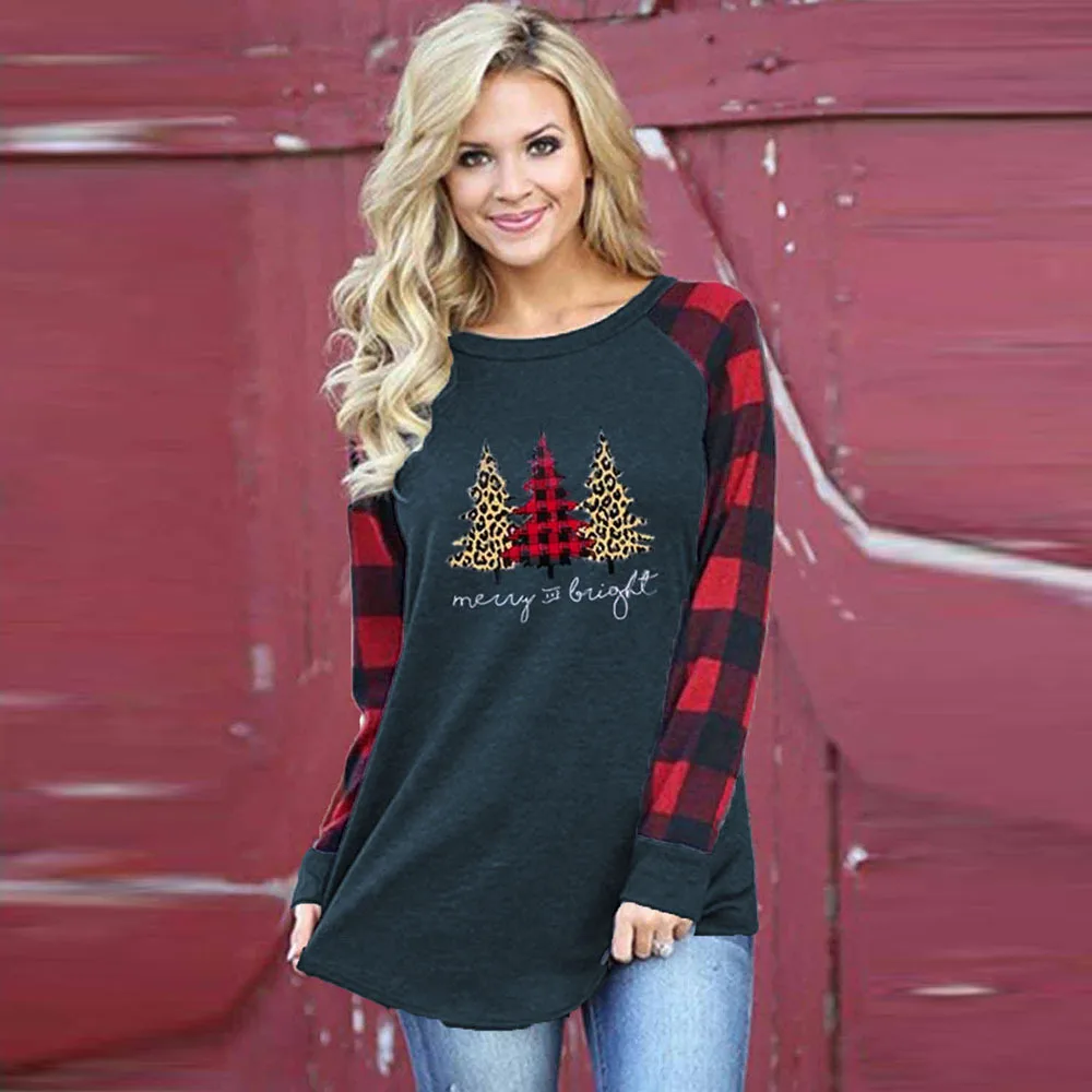 

Women's t-shirts Long sleeve top Large size Christmas Tree print Long-sleeve Round Neck Casual Top T-shirt Women Woman clothes