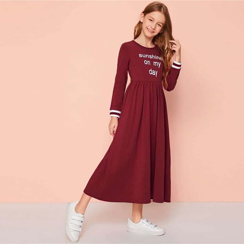SHEIN/детское расклешенное платье макси в полоску с буквенным принтом и манжетами, осень, длинные платья трапециевидной формы с длинным рукавом и высокой талией