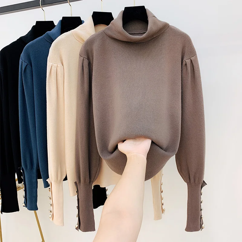 

Women Sweater Turtleneck Lantern Sleeve Sweaters Winter Spring Jumper Knitted Pullovers