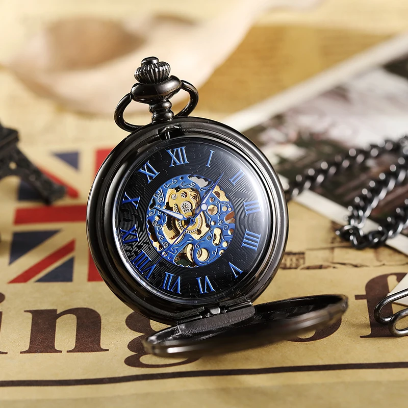 Top Luxury Steampunk Black Mechanical Pocket Watch With FOB Chain Hand Wind Skeleton Hollow Clock For Men Women Gift Box