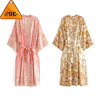 

chic Women Vintage Floral Print Sashes bohemian Kimono Ladies V Neck Boho Maxi dress robe