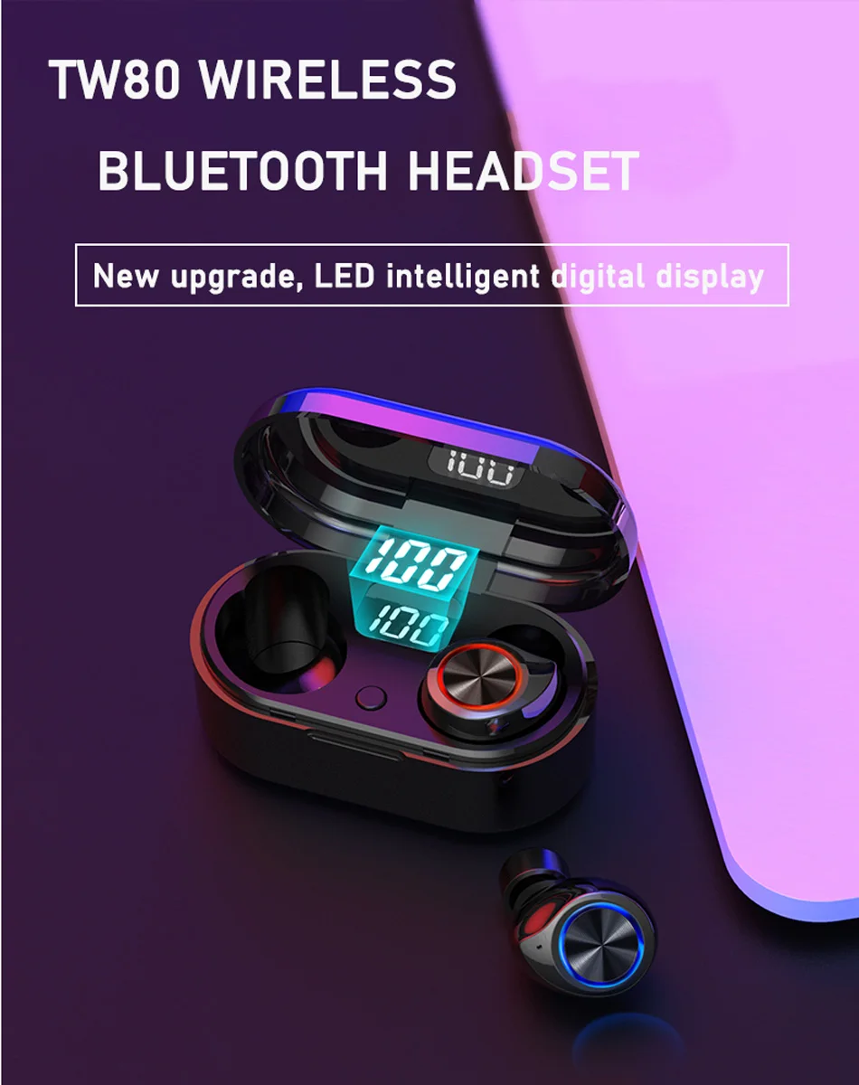 Светодиодный TW80 беспроводные наушники bluetooth 5,0 дисплей для наушников бас HiFi стерео мини TWS наушники с микрофоном гарнитура для всех телефонов