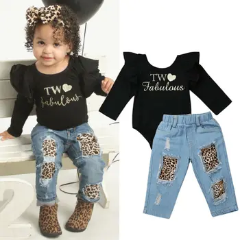 

Toddler Kids Baby Girls Winter Clothes Ruffle Letter Tops Romper Hole Denim Pants Outfits Set