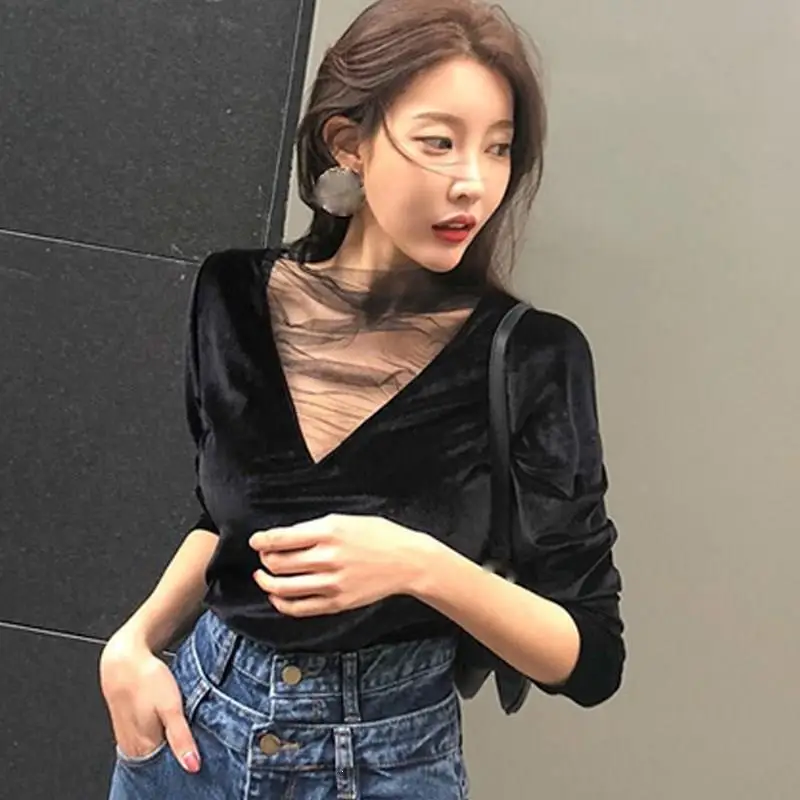 2022 Fall Women New Sexy Transparent Splicing Mesh Velvet T Shirt Top Casual Deep V Neck Long Sleeve Black T Shirt Tee