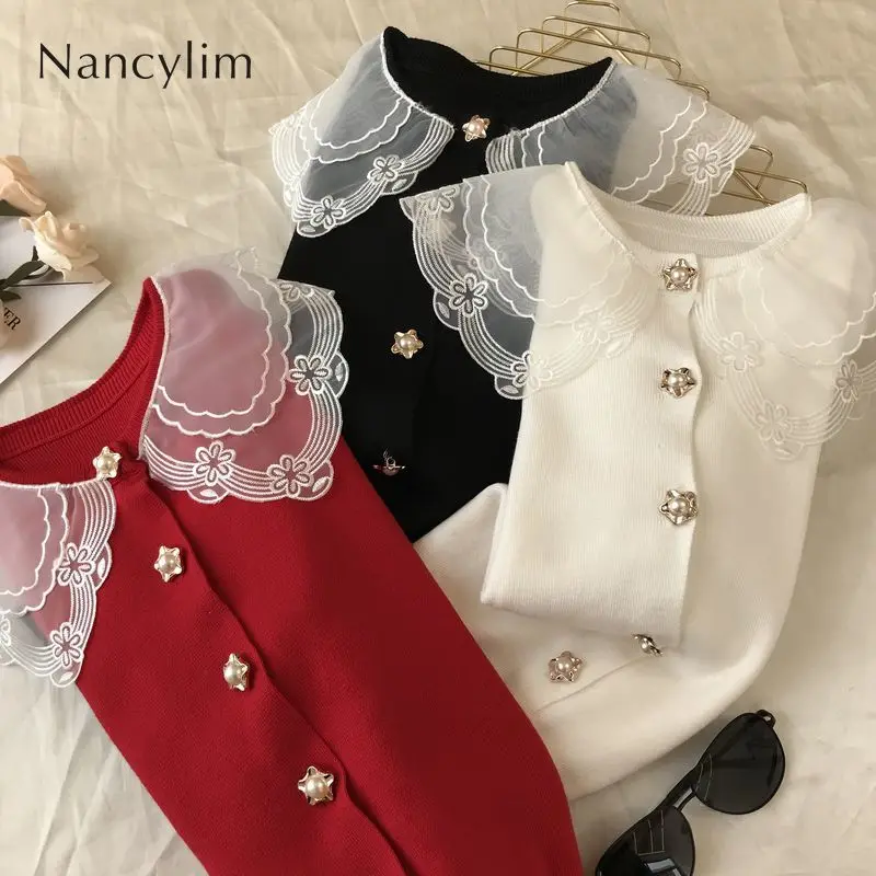 

Autumn Winter Cardiagn Coats Woman 2019 New Japanese Style Sweet Lace Doll Neckle Lantern Sleeve Sweater Single-row Button Coat