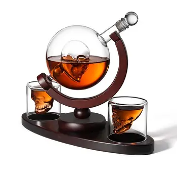 

Whiskey Decanter Set Skull Vodka Globe Decanter With 2 Glasses Liquor Dispenser With Wood Stand