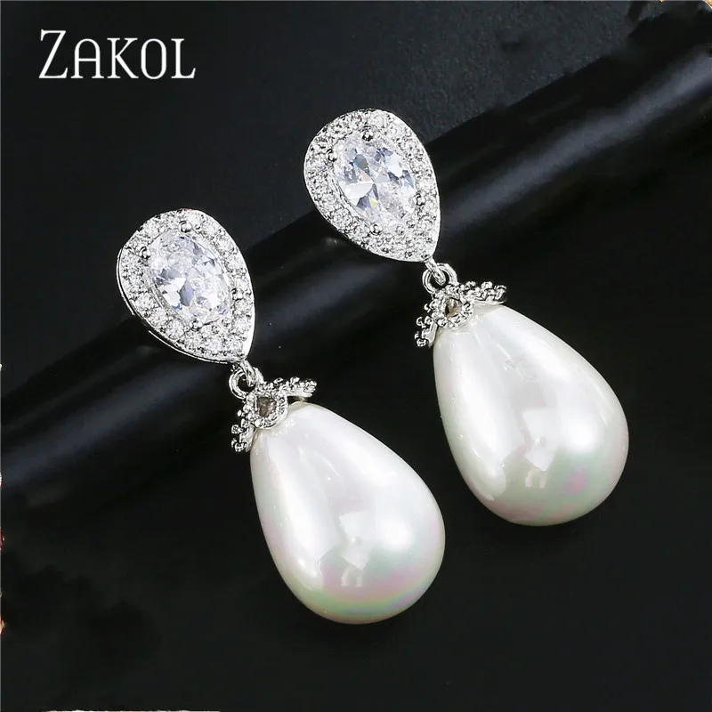 Модные женские серьги ZAKOL из розового золота с искусственным жемчугом и фианитом