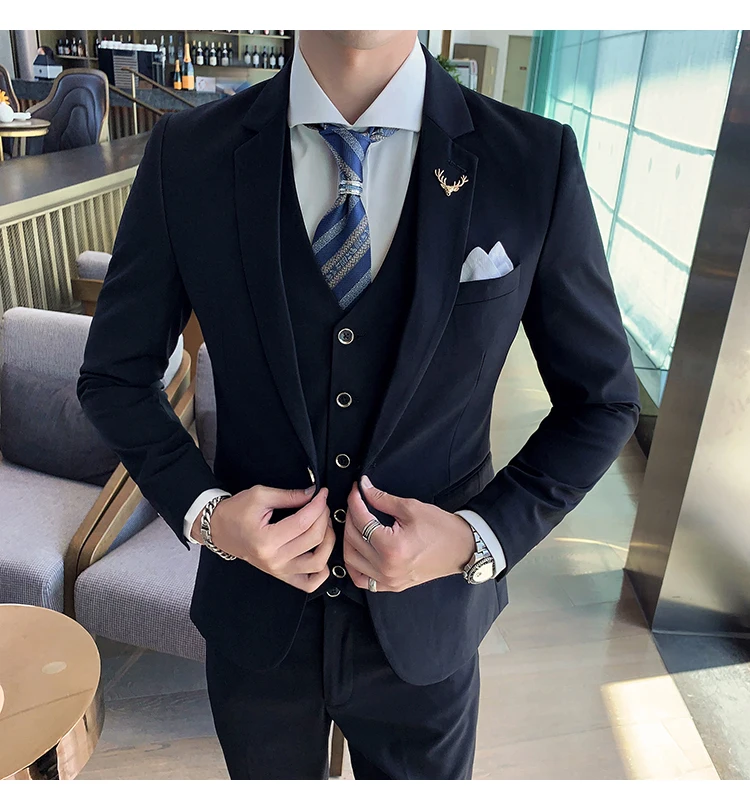 Сплошной цвет slim fit мужской костюм из 3 предметов свадебное платье мужской повседневный деловой пиджак Свадебный Выпускной костюм жениха одежда смокинг