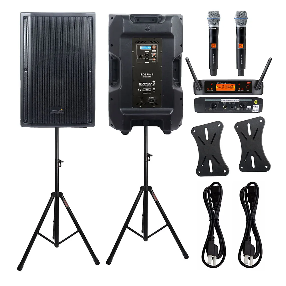 

STARAUDIO 2Pcs 4500W PA 15" Powered DSP Active DJ Audio Speakers KTV Stage Stands 2 Channel UHF Wireless Handheld Mic SDSP-15