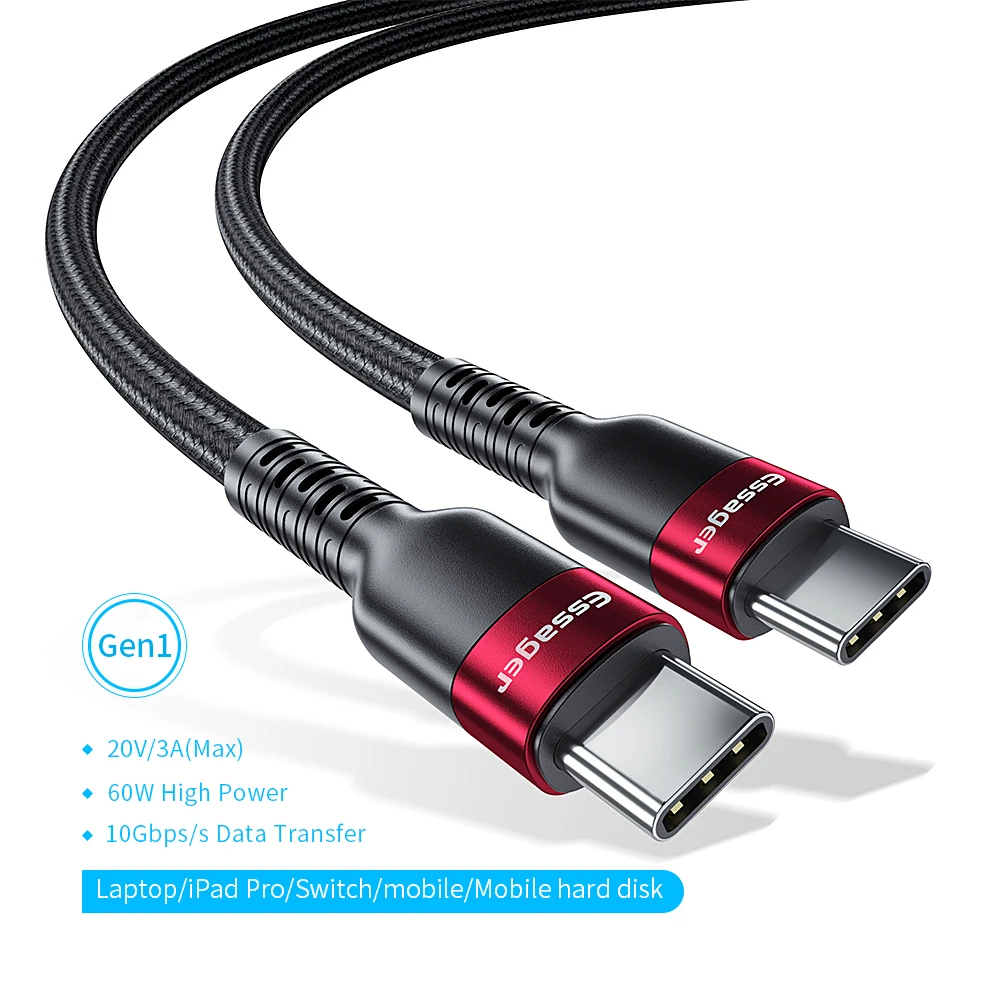 Red Gen 1 60W Кабель Essager type-C-USB C Quick Charge 4,0 QC 3,0 USB 3,1 кабель для Xiaomi Redmi Note 8 7 100 Вт PD USBC провод для MacBook Pro - Цвет: Red Gen 1 60W