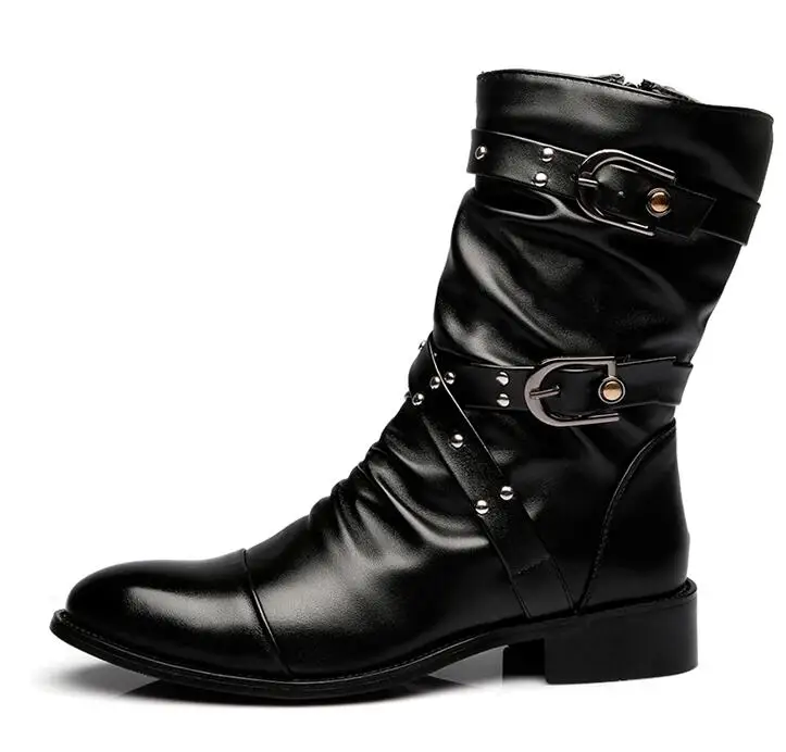 Spring Autumn Winter Pointed Toe Rivet Buckles Men Equestrian Boots Mid-Calf High Top Male Warm Punk Motorcycle Boots 190906