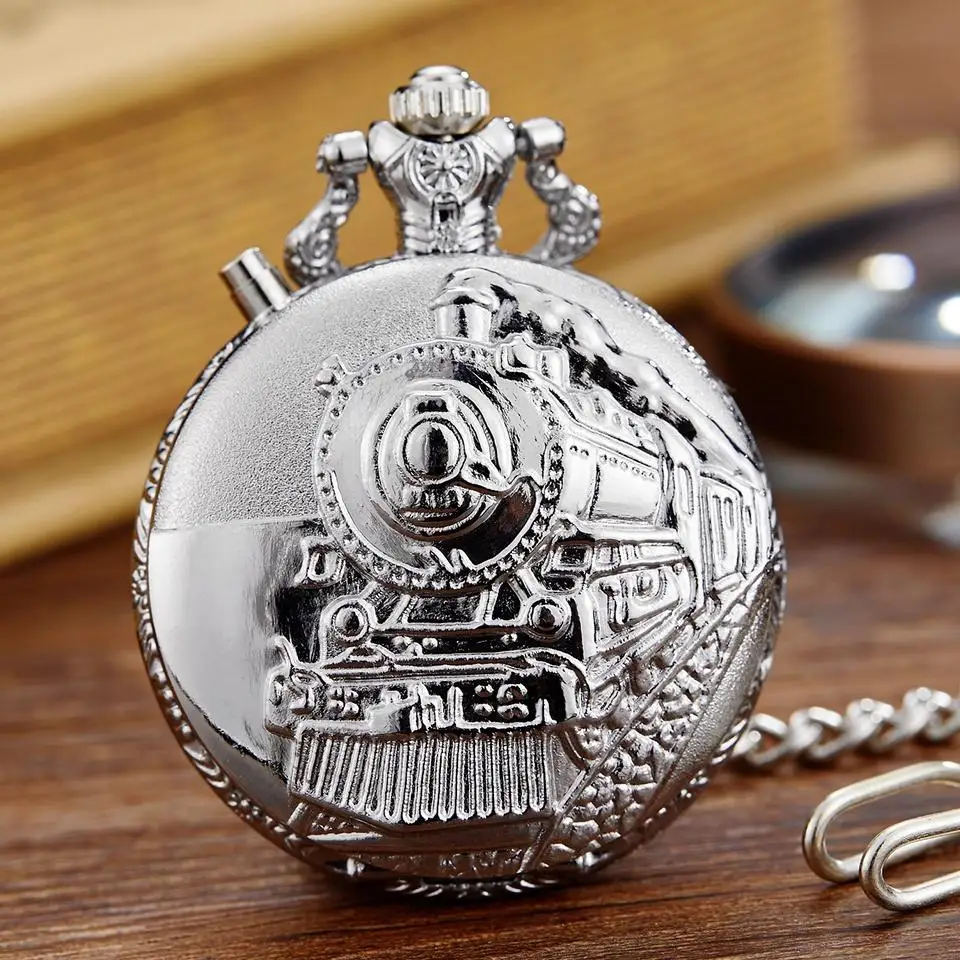 silver Винтажный светодиодный циферблат кварцевые карманные часы резные паровой поезд креативный стимпанк железнодорожная гравировка Ретро цепочка ожерелье кулон часы - Цвет: silver