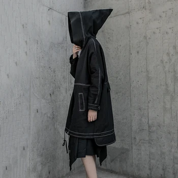 

[] Women Black Big Size Ling Split Trench New Hooded Long Sleeve Loose Fit Windbreaker Fashion utumn Winter 2019 AS082