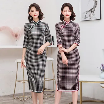 

Shanghai Story Blend Cotton Chinese Dress Half Sleeve Knee Length Qipao Chinese Traditional Clothing For Women Plaid Cheongsam