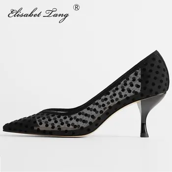 

ElisabetTang 2020 Spring Summer Ladies High Heels Black Work Shoes Polka Dot Mesh Retro Pointed Toe Sexy Shallow Pump Size 35-41