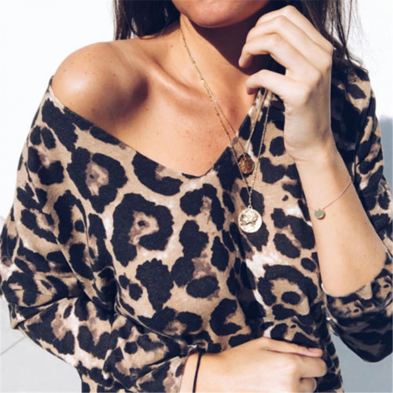 

Hot Sale Fashion Ladies Animal Leopard Printed Loose V Neck Stretchable Blouse Women Sexy Long Sleeve Elegant Shirt Top