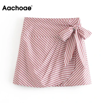 

Aachoae Bow Tie Striped Skirt Women High Waist Sweet Mini Skirts Female Back Zipper Casual Short Skirt Faldas Mujer Moda 2020