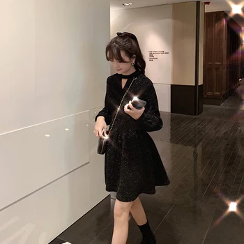 

MISHOW Women Spring Summer Vneck Sexy High Waist Dress Lantern sleeve Aline Pleated Dress MX19D1974