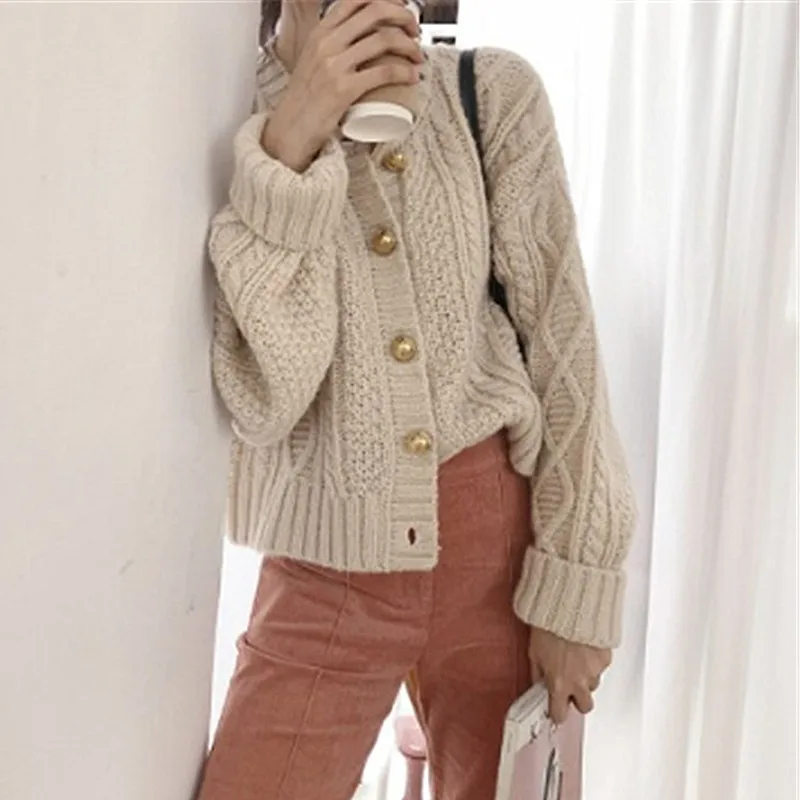 ^*Best Offers Autumn Winter Lazy Oaf Thick Short Cardigan Ladies Vintage Round Neck Single-breasted Twisted Knit Cardigan Women