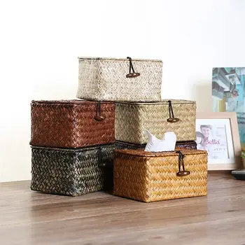

Straw Plaited Tissue Box Square Tissue Holder Napkin Case for Home Car Restaurant (Random Color)