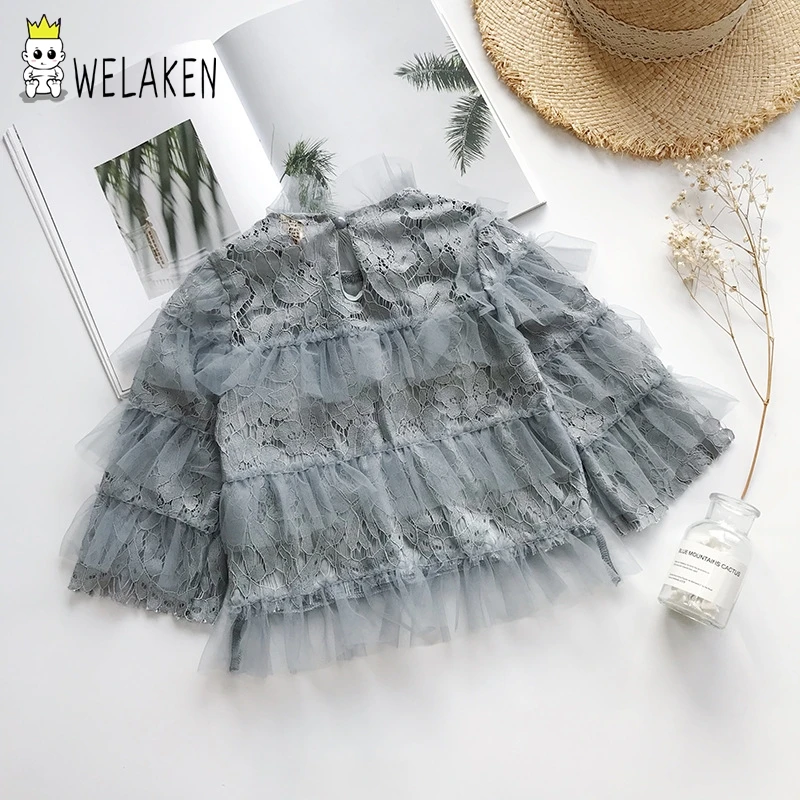 

welaken Lace Chiffon T-shirt Top For Toddler Girls Fashion Korean Style Mesh Long Sleeve Fall Clothes Outwear Girls Clothing