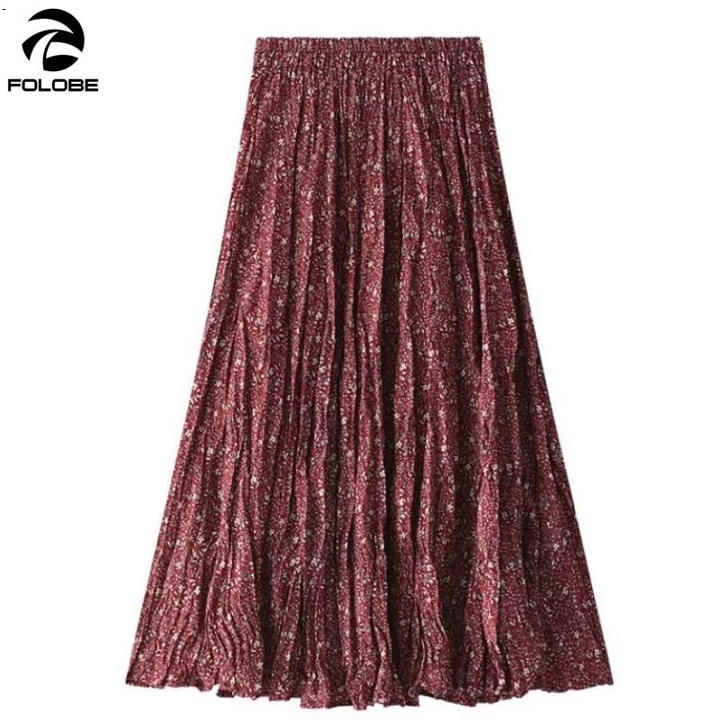 FOLOBE, женские юбки для девочек, Корейская версия, новинка, осень, эластичная талия, цветочный принт, плиссированная, трапециевидная, женская повседневная юбка