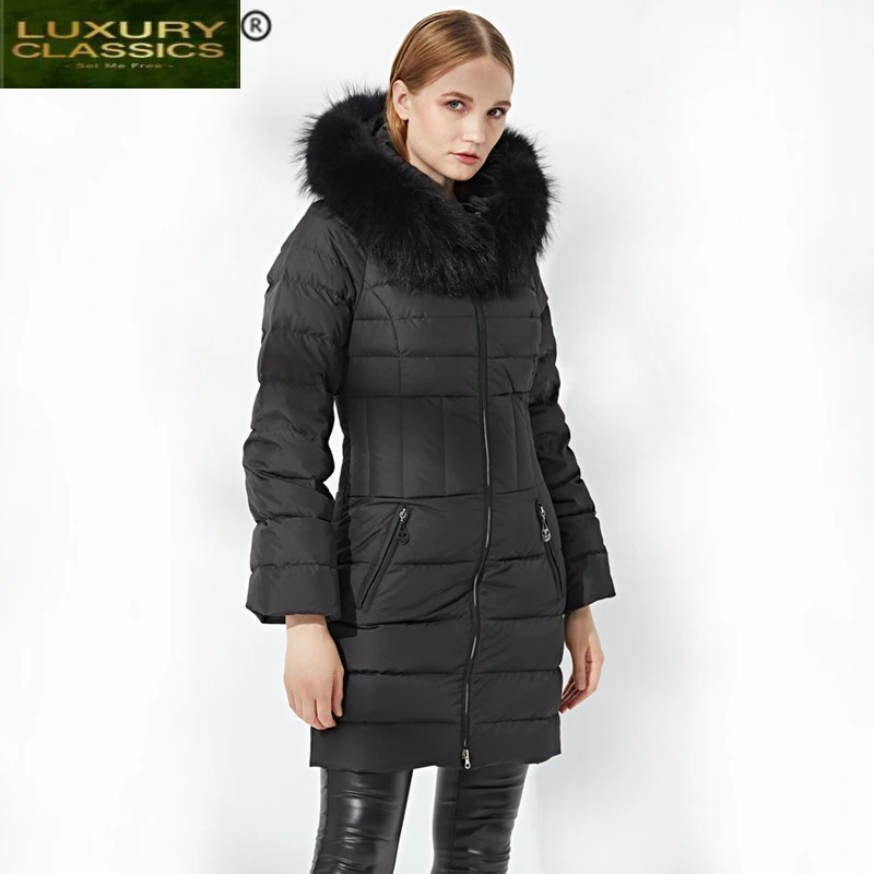 

Natural Winter Female Jacket Raccoon Fur Hood Korean Thick Warm Grey Goose Down Jacket Ladies Slim Long Coat Hiver 12228