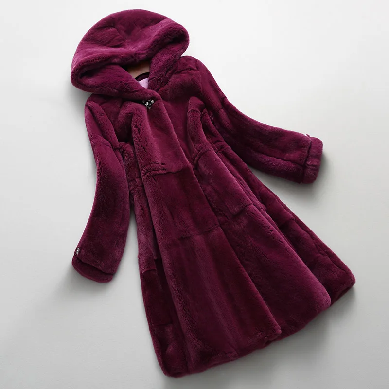 

Thickening warm real rex rabbit fur coats outerwear women diamond stone hooded long sleeve winter fur jackets leather overcoat