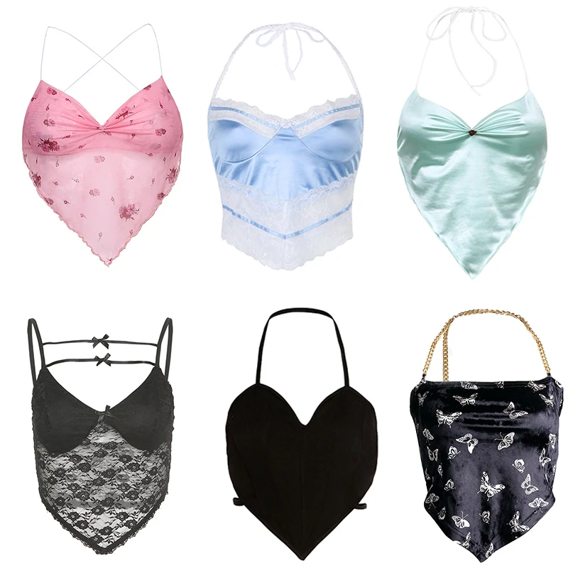 Y2k estética bonito colheita topo 2021 sem mangas v pescoço sem costas bandagem e menina sexy cabresto topos 2000s roupas dropshipping