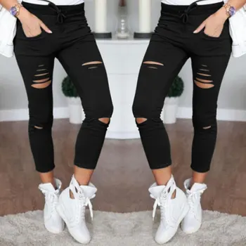 

High Waist Women Ripped Leggings Sports Casual Cutout Skinny Pants FS99