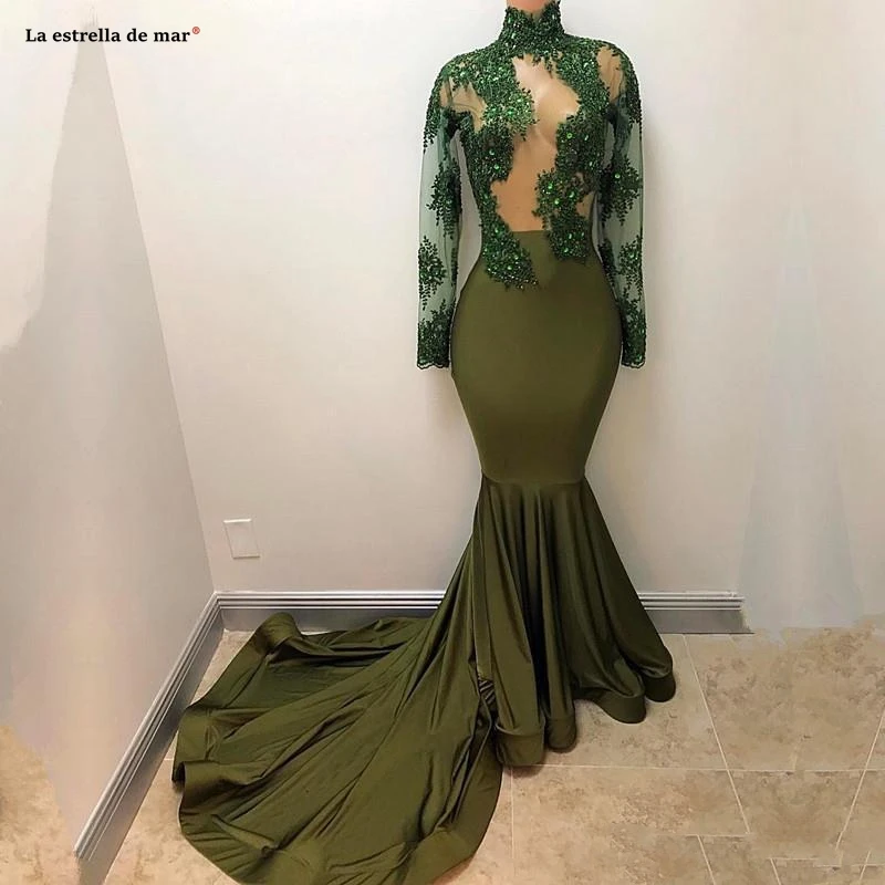 С высоким воротом и длинными рукавами Русалка оливковые зеленые платья на выпускной новая аппликация вечернее кружевное вечернее платье длинное vestido formatura