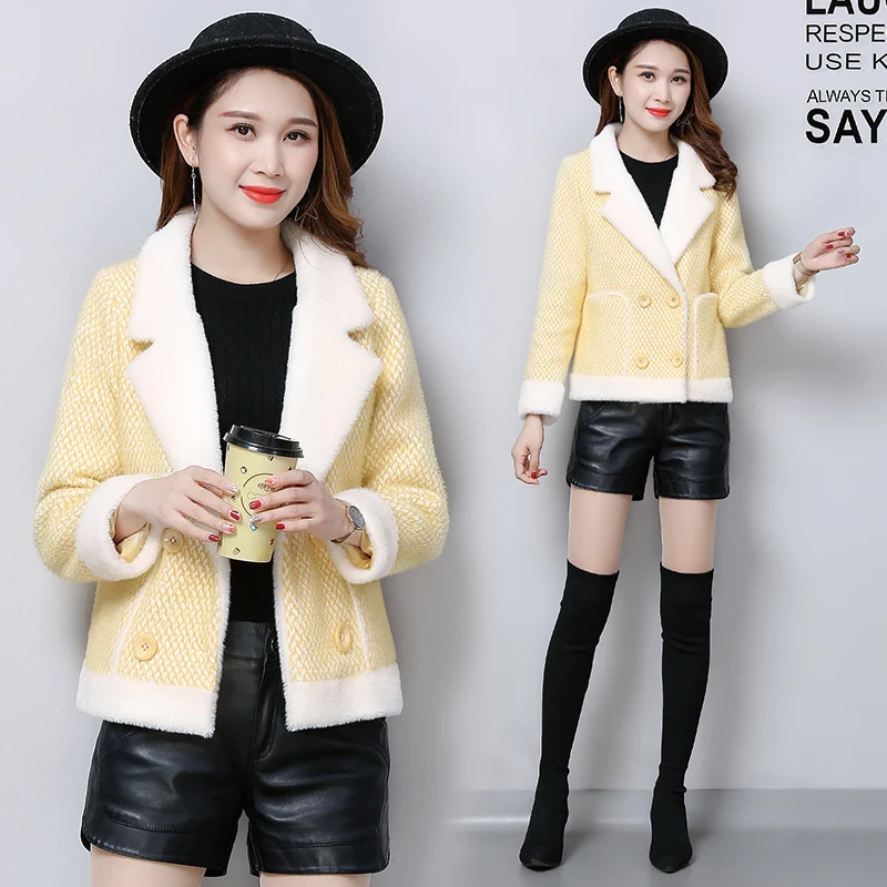 Кукурузное плюшевое пальто женское короткое осень и зима стиль корейский стиль короткий рост искусственная Золотая норка кашемировое шерстяное пальто