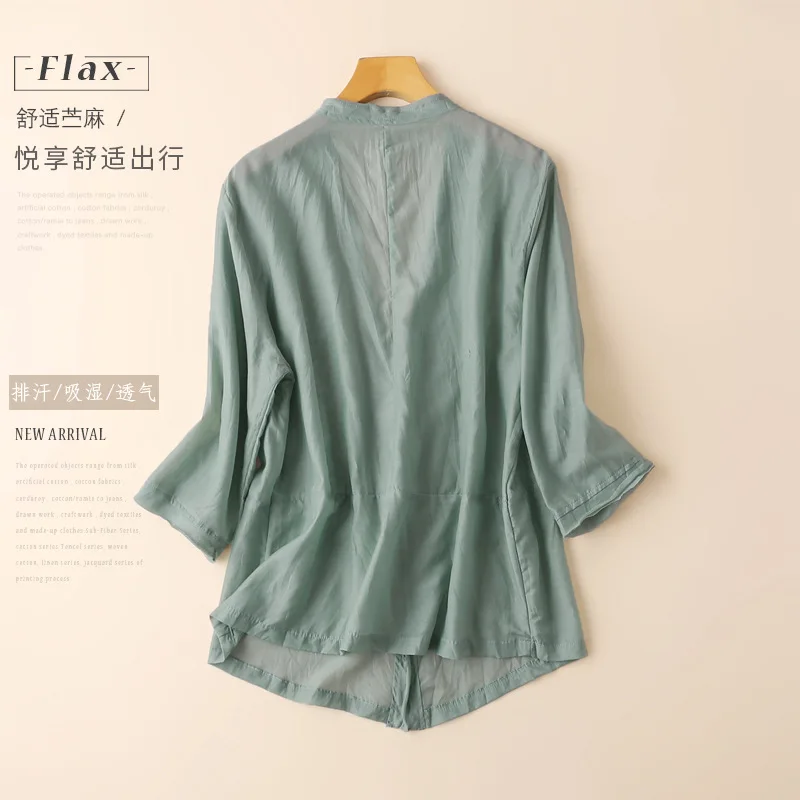 

A76-2313 (Clothing) Ramie Summer Thin Solid Color Small Coat Three-quarter-length Sleeve Cardigan Elegant Airable Shirt Coat