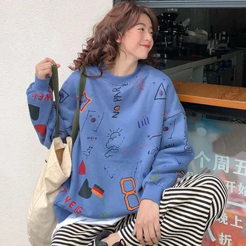 

Autumn and winter new cute college wind student ladies shirt printing plus velvet thickening sets of round neck Sweatshirts wome