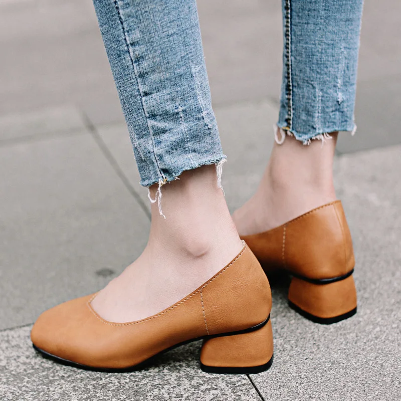 

Retro Slip-on Solid Women Basic Pumps Square Heel Round Toe Single Shoes Med Casual Autumn Ladies Pumps