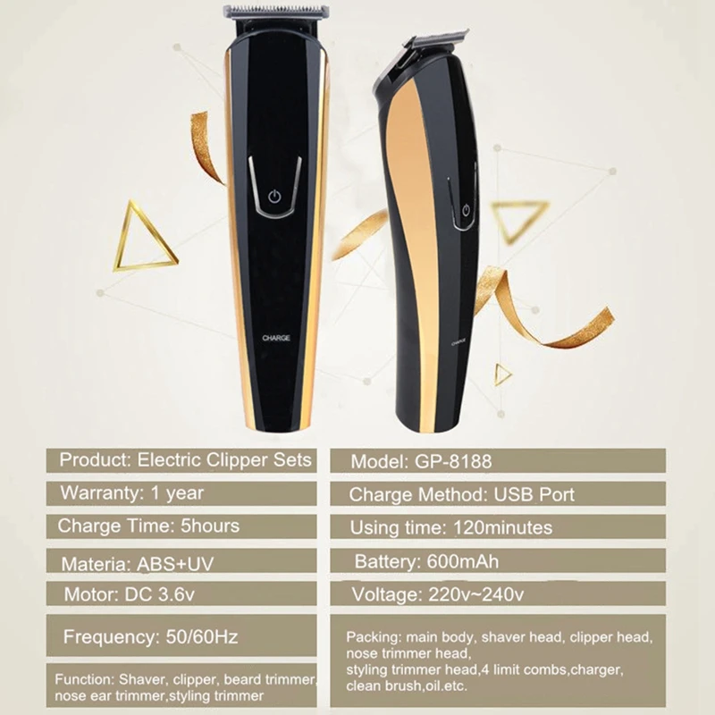 Jinding 5 in 1 Multi-Functional Hair Clipper Set with Comb Oil 5 Heads with Nose Ear Trimmer Styling Trimmer Beard Washable Eu P